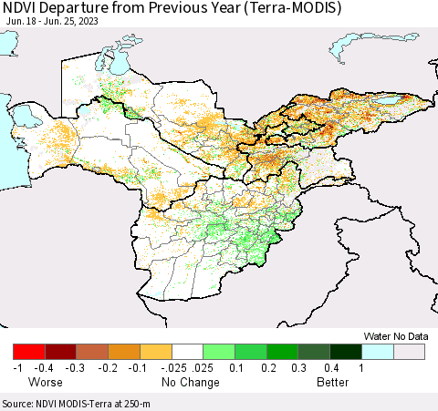 Central Asia NDVI Departure from Previous Year (Terra-MODIS) Thematic Map For 6/18/2023 - 6/25/2023