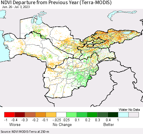 Central Asia NDVI Departure from Previous Year (Terra-MODIS) Thematic Map For 6/26/2023 - 7/3/2023