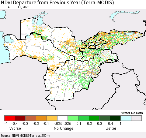Central Asia NDVI Departure from Previous Year (Terra-MODIS) Thematic Map For 7/4/2023 - 7/11/2023