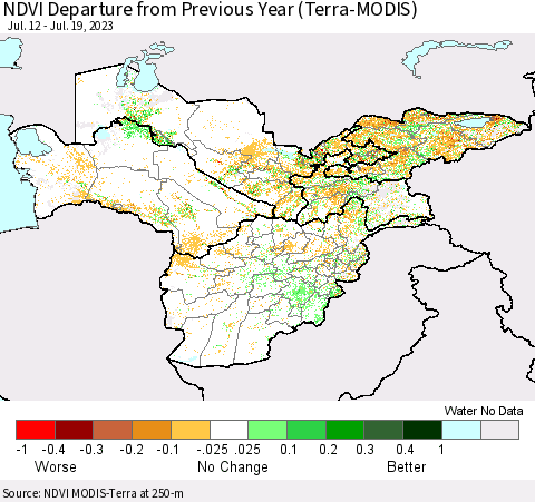 Central Asia NDVI Departure from Previous Year (Terra-MODIS) Thematic Map For 7/12/2023 - 7/19/2023