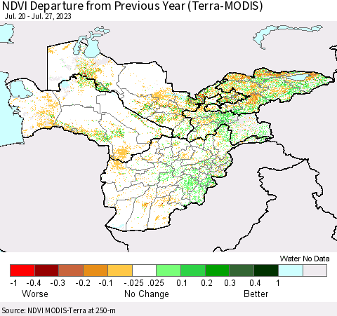 Central Asia NDVI Departure from Previous Year (Terra-MODIS) Thematic Map For 7/20/2023 - 7/27/2023