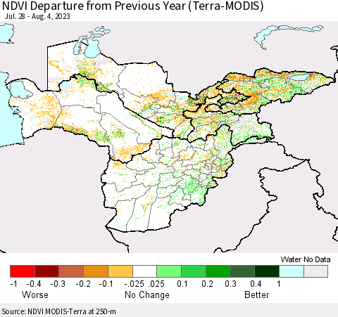 Central Asia NDVI Departure from Previous Year (Terra-MODIS) Thematic Map For 7/28/2023 - 8/4/2023