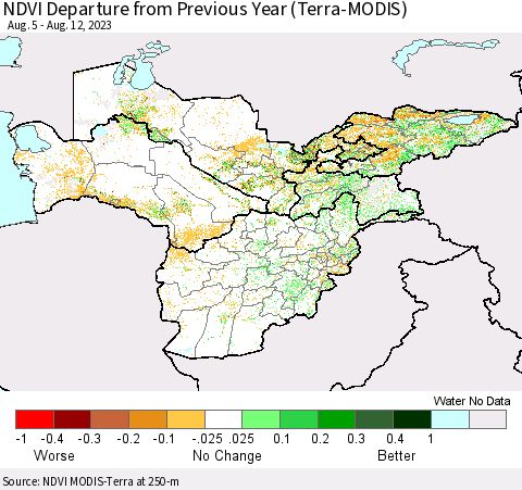 Central Asia NDVI Departure from Previous Year (Terra-MODIS) Thematic Map For 8/5/2023 - 8/12/2023