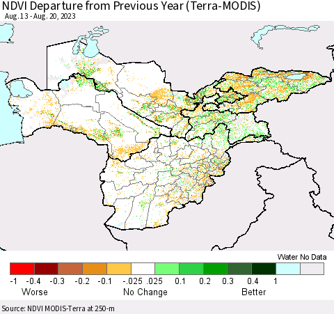 Central Asia NDVI Departure from Previous Year (Terra-MODIS) Thematic Map For 8/13/2023 - 8/20/2023