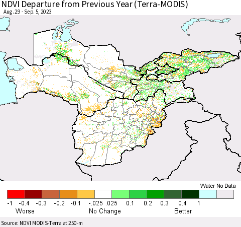 Central Asia NDVI Departure from Previous Year (Terra-MODIS) Thematic Map For 8/29/2023 - 9/5/2023