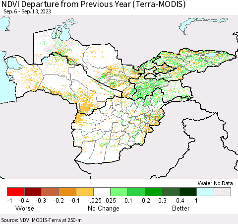 Central Asia NDVI Departure from Previous Year (Terra-MODIS) Thematic Map For 9/6/2023 - 9/13/2023