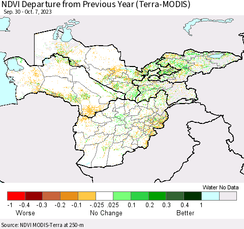 Central Asia NDVI Departure from Previous Year (Terra-MODIS) Thematic Map For 9/30/2023 - 10/7/2023