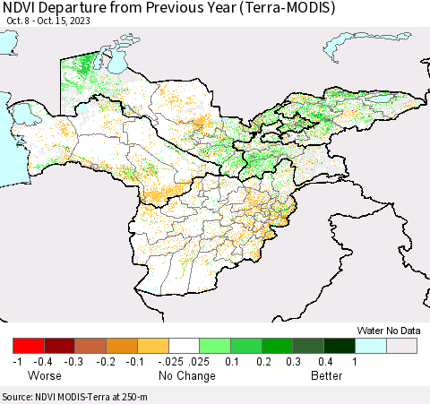 Central Asia NDVI Departure from Previous Year (Terra-MODIS) Thematic Map For 10/8/2023 - 10/15/2023