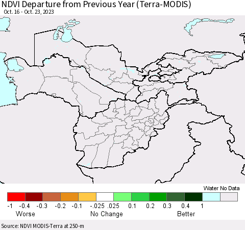 Central Asia NDVI Departure from Previous Year (Terra-MODIS) Thematic Map For 10/16/2023 - 10/23/2023