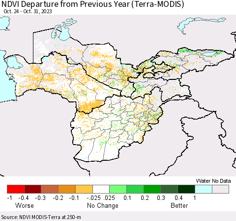 Central Asia NDVI Departure from Previous Year (Terra-MODIS) Thematic Map For 10/24/2023 - 10/31/2023
