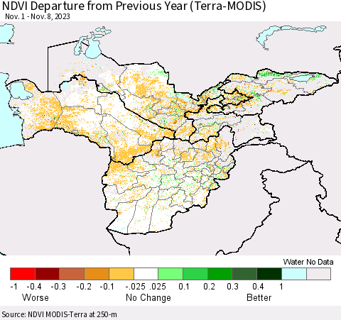 Central Asia NDVI Departure from Previous Year (Terra-MODIS) Thematic Map For 11/1/2023 - 11/8/2023