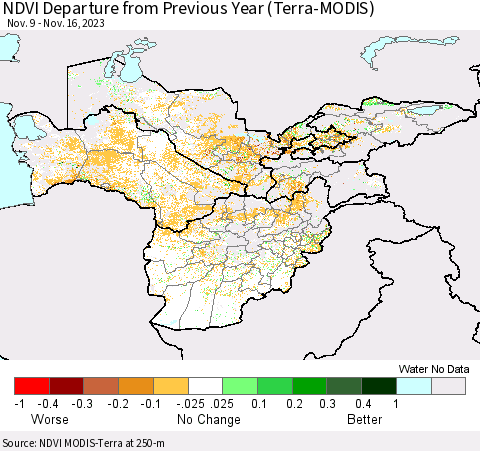 Central Asia NDVI Departure from Previous Year (Terra-MODIS) Thematic Map For 11/9/2023 - 11/16/2023