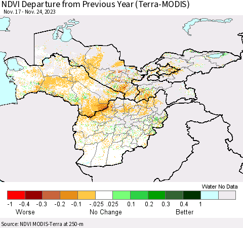 Central Asia NDVI Departure from Previous Year (Terra-MODIS) Thematic Map For 11/17/2023 - 11/24/2023