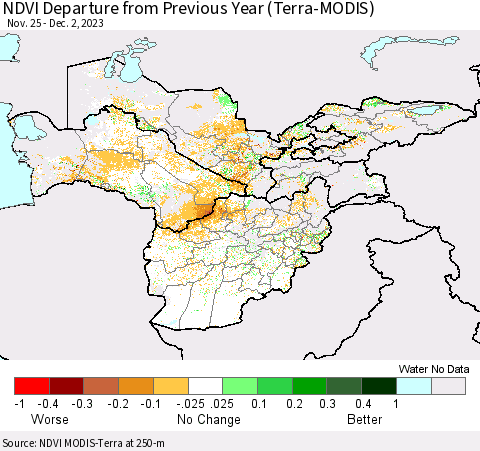 Central Asia NDVI Departure from Previous Year (Terra-MODIS) Thematic Map For 11/25/2023 - 12/2/2023
