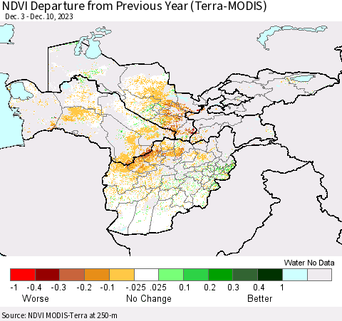 Central Asia NDVI Departure from Previous Year (Terra-MODIS) Thematic Map For 12/3/2023 - 12/10/2023