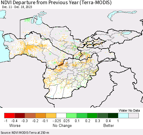Central Asia NDVI Departure from Previous Year (Terra-MODIS) Thematic Map For 12/11/2023 - 12/18/2023