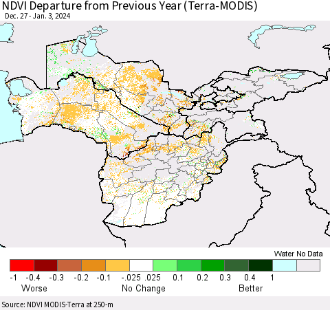 Central Asia NDVI Departure from Previous Year (Terra-MODIS) Thematic Map For 12/27/2023 - 1/3/2024