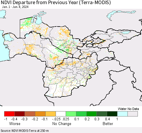 Central Asia NDVI Departure from Previous Year (Terra-MODIS) Thematic Map For 1/1/2024 - 1/8/2024