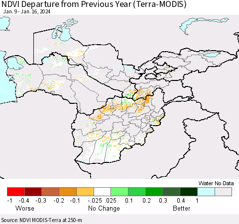 Central Asia NDVI Departure from Previous Year (Terra-MODIS) Thematic Map For 1/9/2024 - 1/16/2024