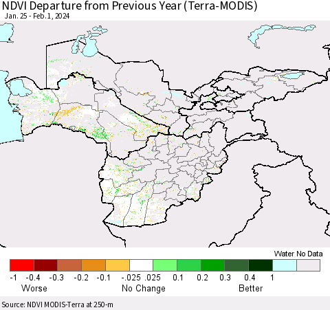 Central Asia NDVI Departure from Previous Year (Terra-MODIS) Thematic Map For 1/25/2024 - 2/1/2024