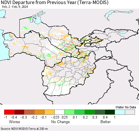 Central Asia NDVI Departure from Previous Year (Terra-MODIS) Thematic Map For 2/2/2024 - 2/9/2024