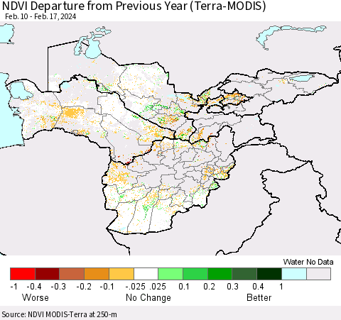 Central Asia NDVI Departure from Previous Year (Terra-MODIS) Thematic Map For 2/10/2024 - 2/17/2024