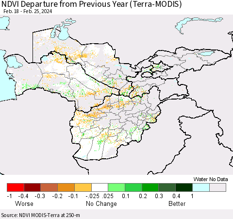 Central Asia NDVI Departure from Previous Year (Terra-MODIS) Thematic Map For 2/18/2024 - 2/25/2024