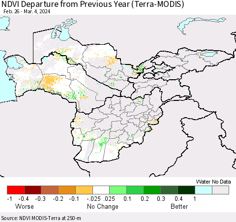 Central Asia NDVI Departure from Previous Year (Terra-MODIS) Thematic Map For 2/26/2024 - 3/4/2024