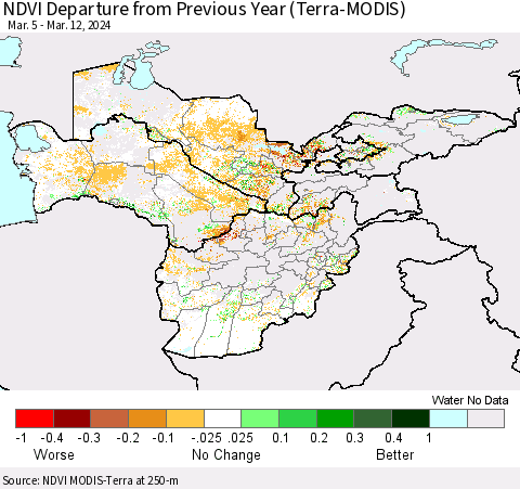 Central Asia NDVI Departure from Previous Year (Terra-MODIS) Thematic Map For 3/5/2024 - 3/12/2024