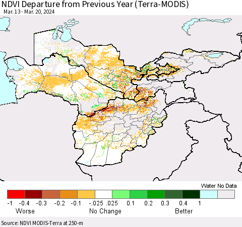 Central Asia NDVI Departure from Previous Year (Terra-MODIS) Thematic Map For 3/13/2024 - 3/20/2024
