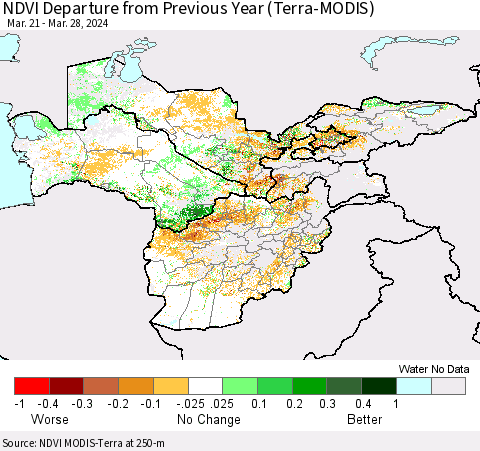 Central Asia NDVI Departure from Previous Year (Terra-MODIS) Thematic Map For 3/21/2024 - 3/28/2024