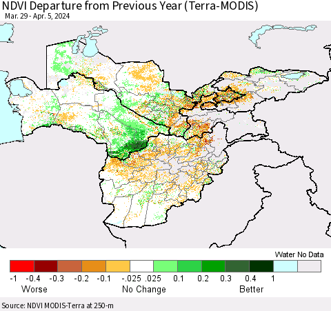 Central Asia NDVI Departure from Previous Year (Terra-MODIS) Thematic Map For 3/29/2024 - 4/5/2024