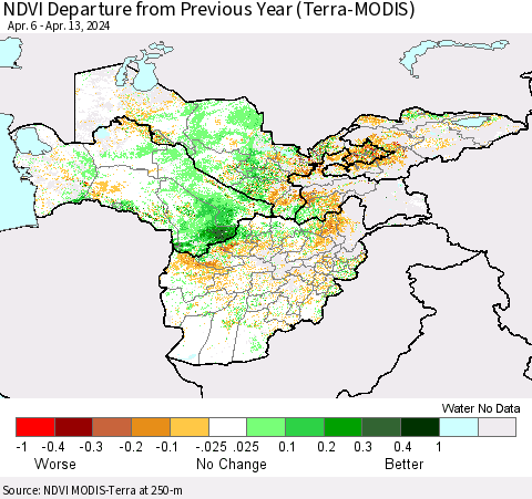 Central Asia NDVI Departure from Previous Year (Terra-MODIS) Thematic Map For 4/6/2024 - 4/13/2024