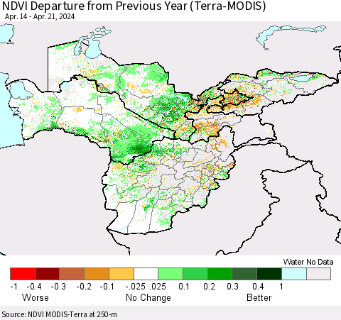 Central Asia NDVI Departure from Previous Year (Terra-MODIS) Thematic Map For 4/14/2024 - 4/21/2024
