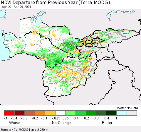 Central Asia NDVI Departure from Previous Year (Terra-MODIS) Thematic Map For 4/22/2024 - 4/29/2024