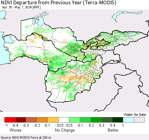 Central Asia NDVI Departure from Previous Year (Terra-MODIS) Thematic Map For 4/30/2024 - 5/7/2024