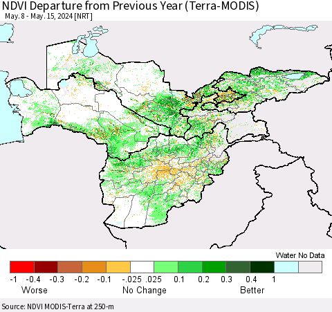 Central Asia NDVI Departure from Previous Year (Terra-MODIS) Thematic Map For 5/8/2024 - 5/15/2024