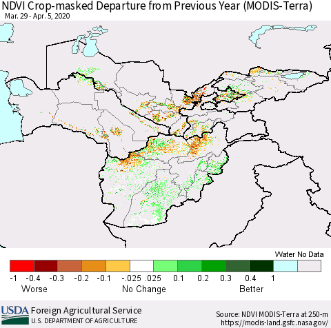 Central Asia Cropland NDVI Departure from Previous Year (Terra-MODIS) Thematic Map For 4/1/2020 - 4/10/2020