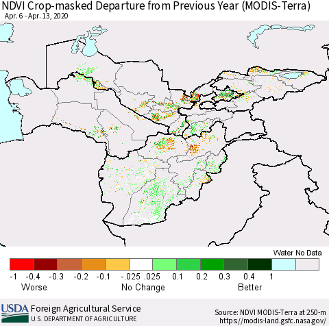 Central Asia Cropland NDVI Departure from Previous Year (Terra-MODIS) Thematic Map For 4/11/2020 - 4/20/2020