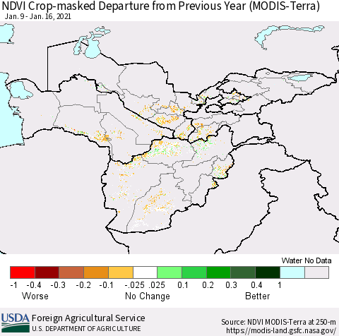 Central Asia Cropland NDVI Departure from Previous Year (Terra-MODIS) Thematic Map For 1/11/2021 - 1/20/2021