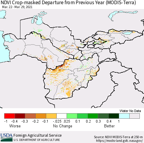 Central Asia Cropland NDVI Departure from Previous Year (Terra-MODIS) Thematic Map For 3/21/2021 - 3/31/2021
