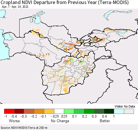 Central Asia Cropland NDVI Departure from Previous Year (Terra-MODIS) Thematic Map For 4/7/2021 - 4/14/2021
