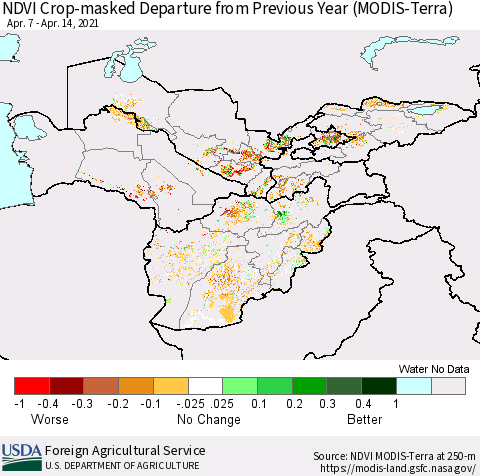 Central Asia Cropland NDVI Departure from Previous Year (Terra-MODIS) Thematic Map For 4/11/2021 - 4/20/2021
