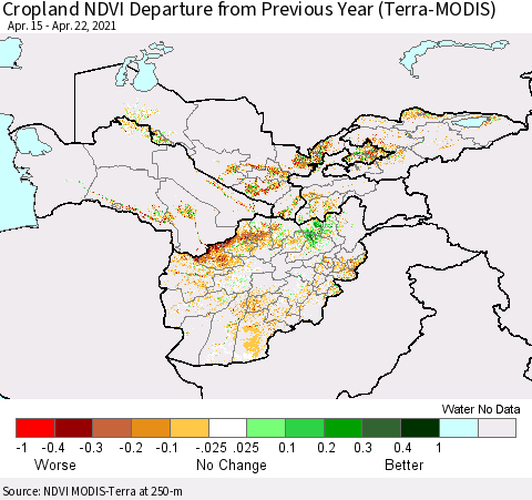 Central Asia Cropland NDVI Departure from Previous Year (Terra-MODIS) Thematic Map For 4/15/2021 - 4/22/2021