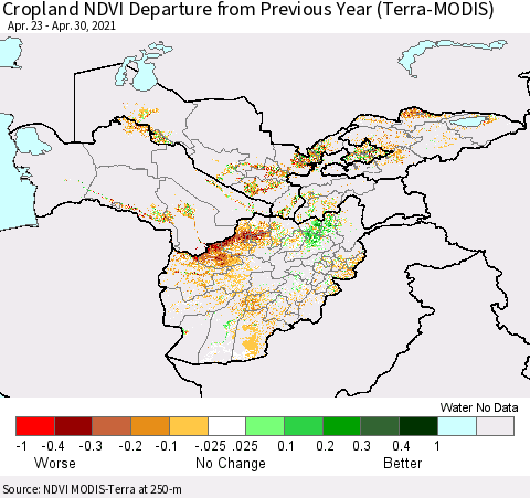 Central Asia Cropland NDVI Departure from Previous Year (Terra-MODIS) Thematic Map For 4/21/2021 - 4/30/2021