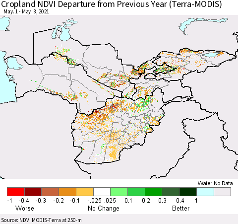 Central Asia Cropland NDVI Departure from Previous Year (Terra-MODIS) Thematic Map For 5/1/2021 - 5/8/2021
