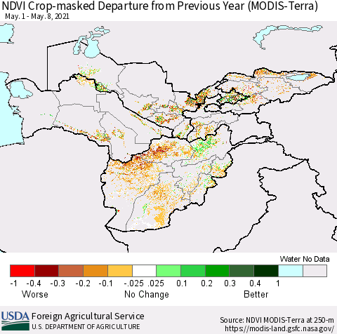Central Asia Cropland NDVI Departure from Previous Year (Terra-MODIS) Thematic Map For 5/1/2021 - 5/10/2021