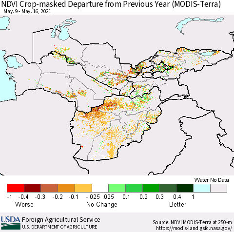 Central Asia Cropland NDVI Departure from Previous Year (Terra-MODIS) Thematic Map For 5/11/2021 - 5/20/2021