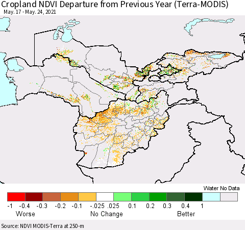 Central Asia Cropland NDVI Departure from Previous Year (Terra-MODIS) Thematic Map For 5/17/2021 - 5/24/2021