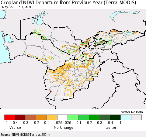 Central Asia Cropland NDVI Departure from Previous Year (Terra-MODIS) Thematic Map For 5/25/2021 - 6/1/2021